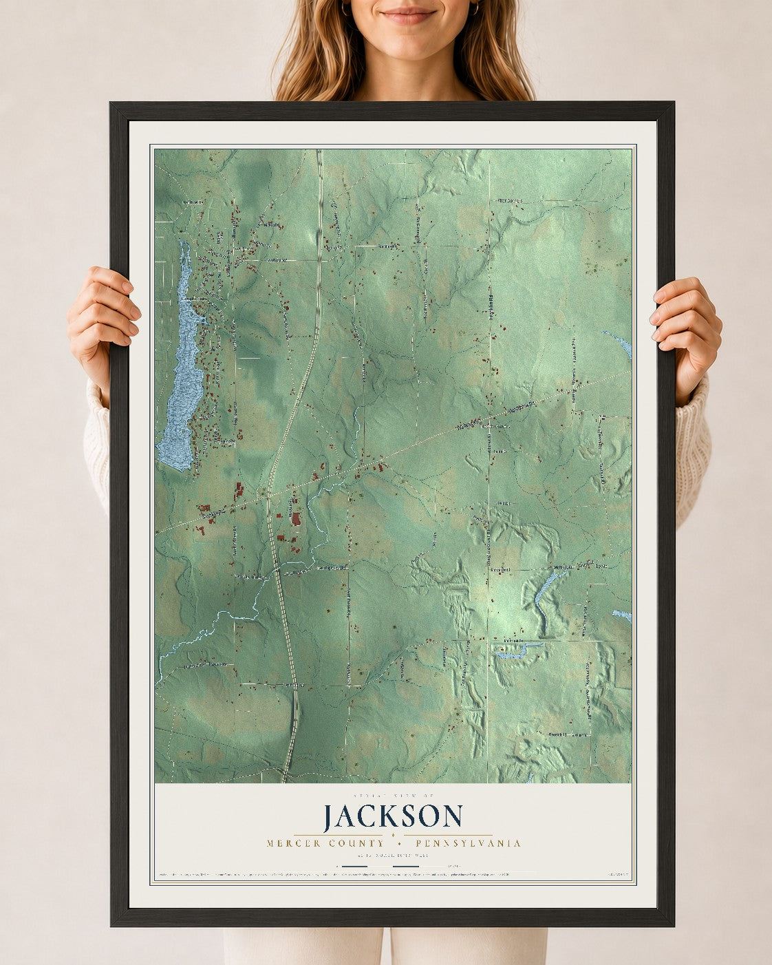 Map of Jackson, Mercer County, Pennsylvania, 24 x 36 inch print in a black wood frame