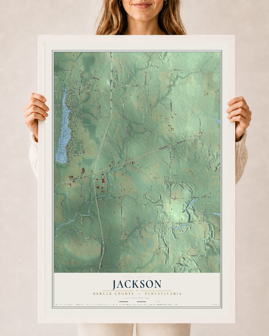 Map of Jackson, Mercer County, Pennsylvania, 24 x 36 inch print in a white wood frame