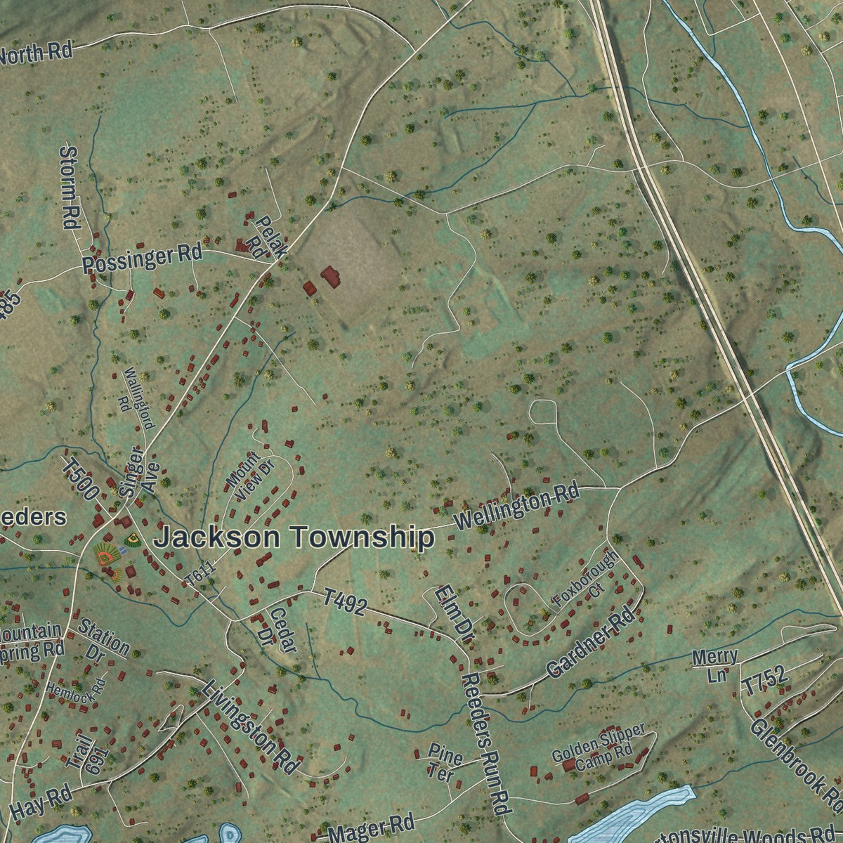 Second close-up of the map of Jackson, Monroe County, Pennsylvania print showing more streets and buildings