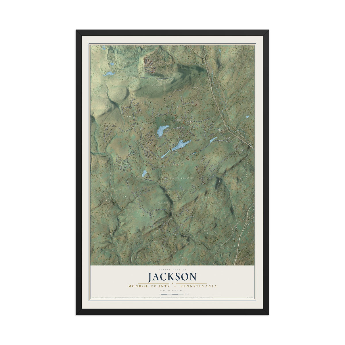 Map of Jackson, Monroe County, Pennsylvania, 12 x 18 inch print in a black wood frame