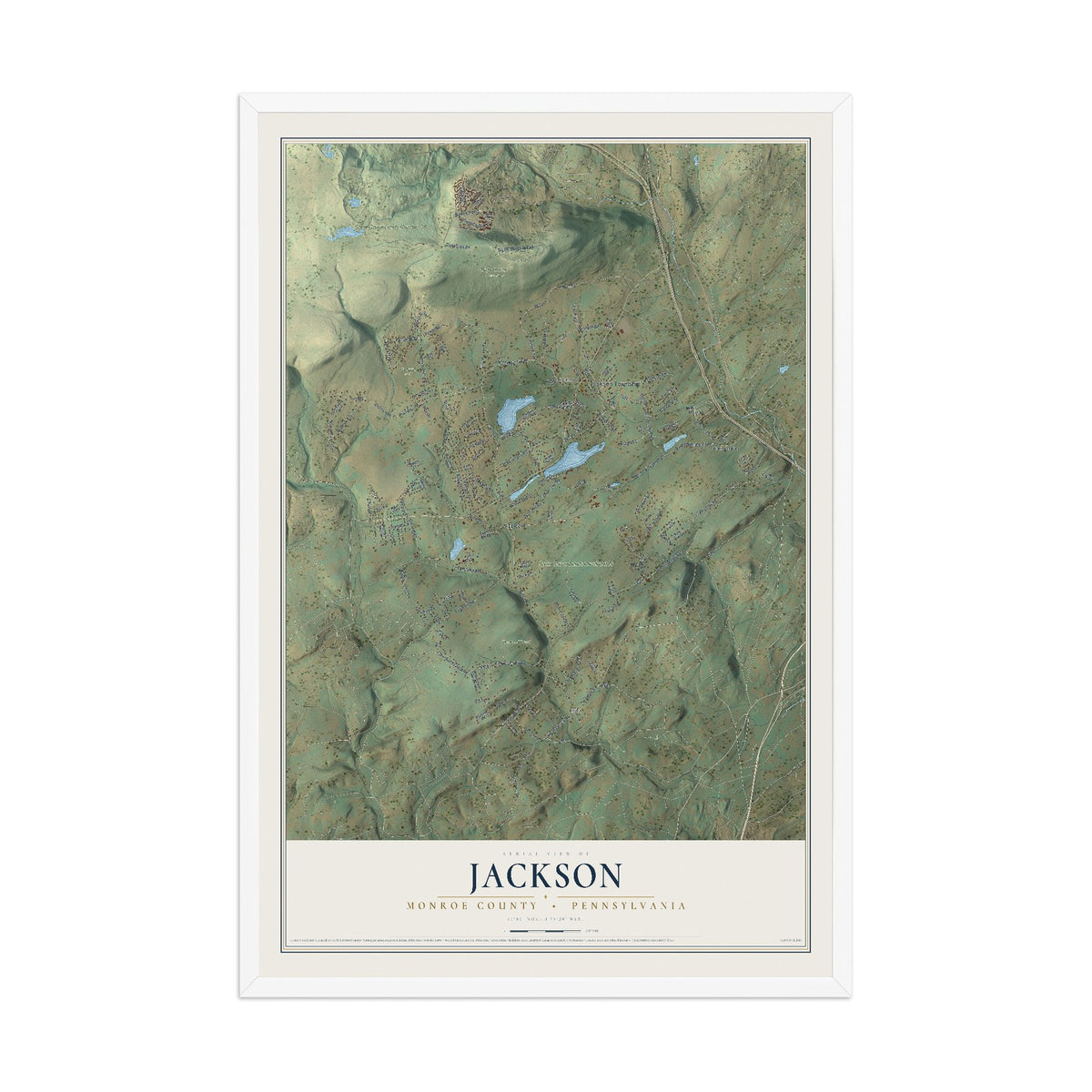 Map of Jackson, Monroe County, Pennsylvania, 12 x 18 inch print in a white wood frame