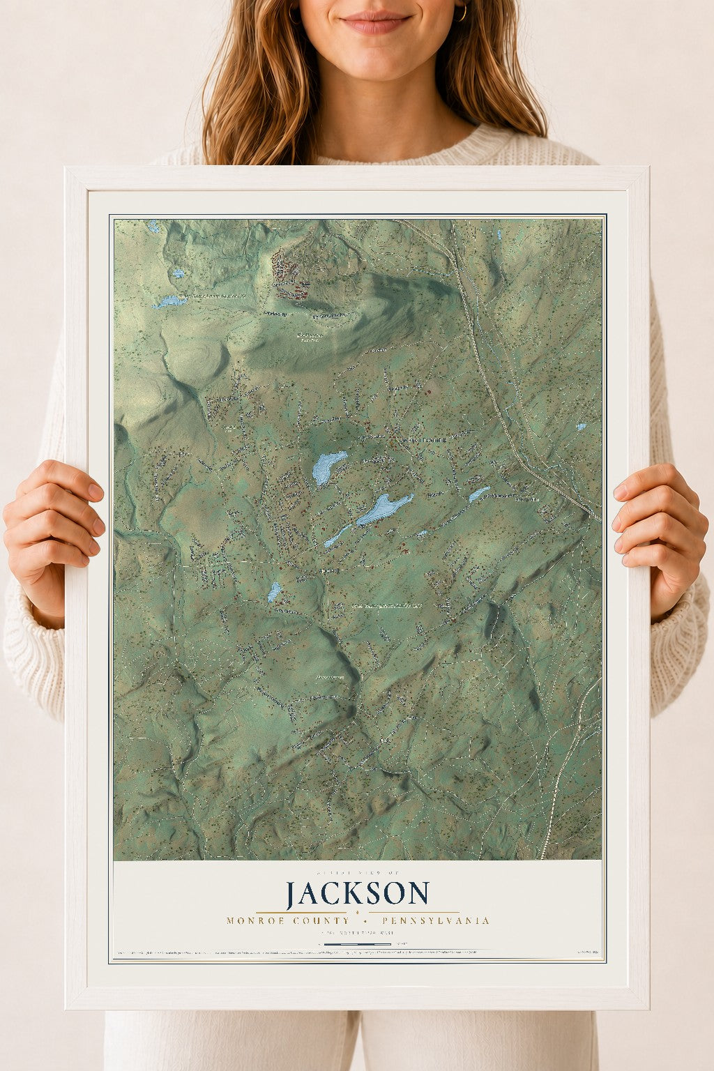 Map of Jackson, Monroe County, Pennsylvania, 18 x 24 inch print in a white wood frame
