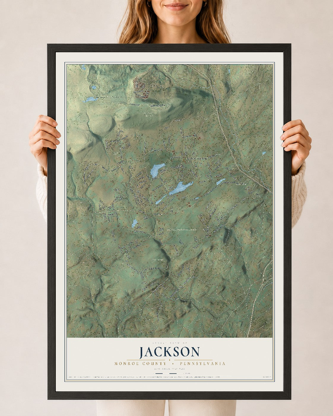 Map of Jackson, Monroe County, Pennsylvania, 24 x 36 inch print in a black wood frame