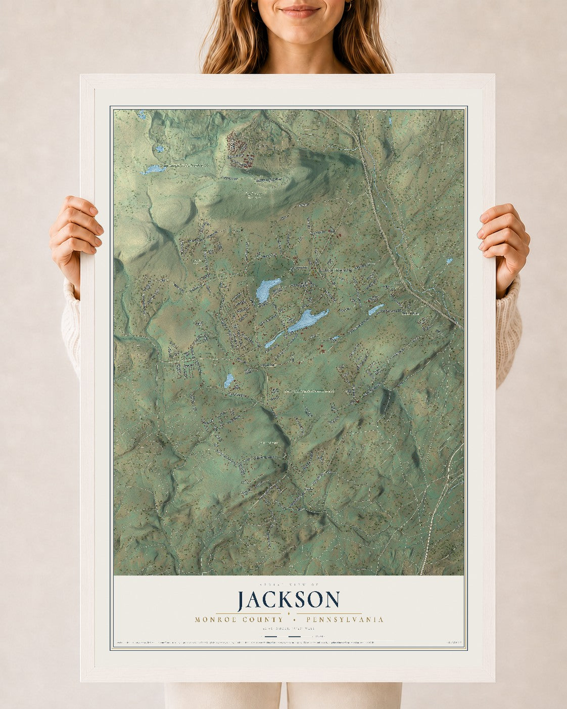 Map of Jackson, Monroe County, Pennsylvania, 24 x 36 inch print in a white wood frame