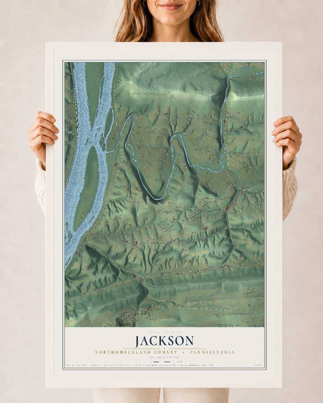 Map of Jackson, Northumberland County, Pennsylvania, 24 x 36 inch print in a white wood frame