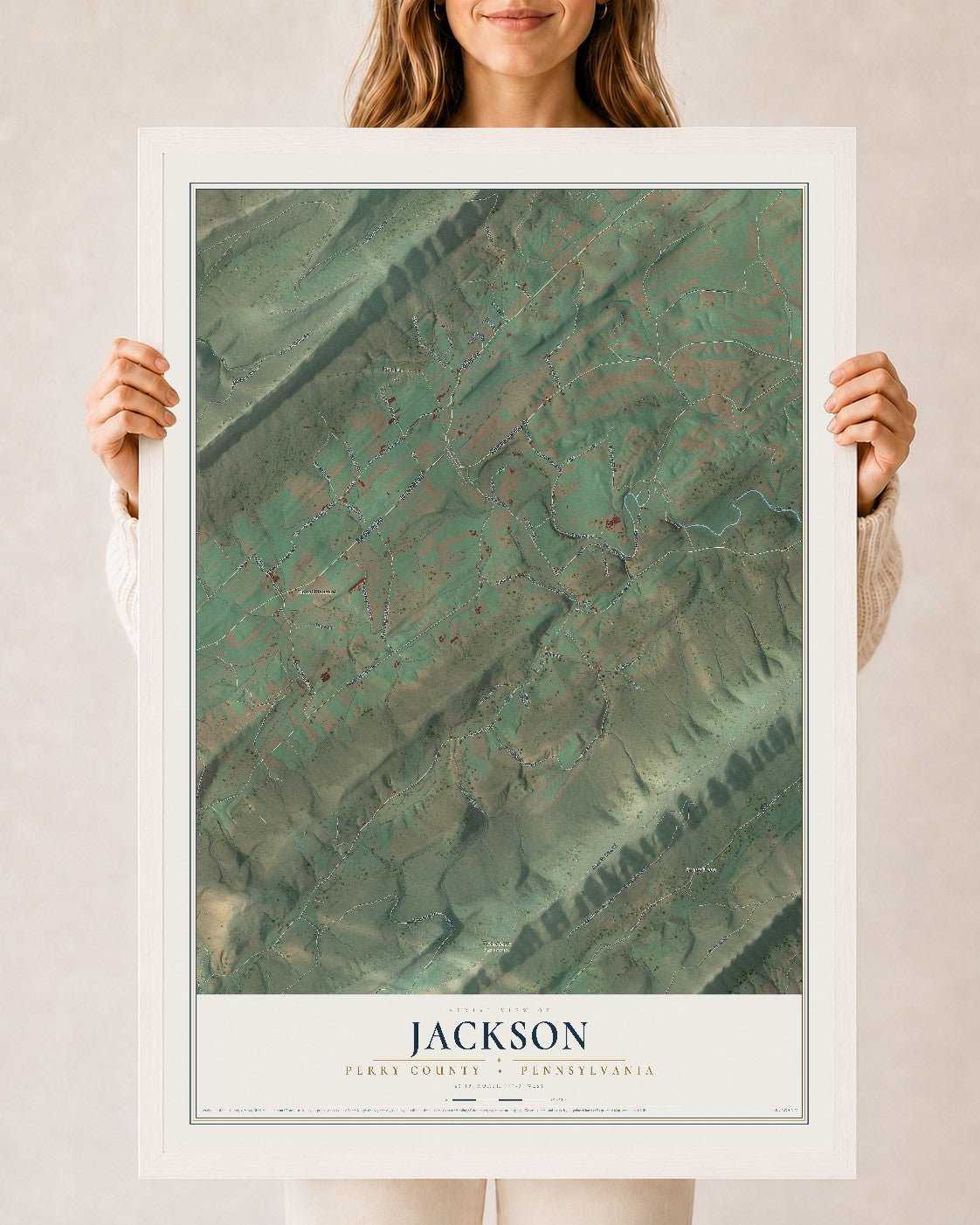 Map of Jackson, Perry County, Pennsylvania, 24 x 36 inch print in a white wood frame