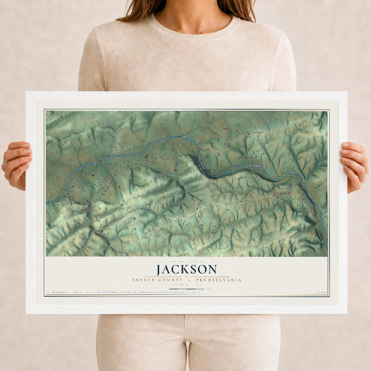 Map of Jackson, Snyder County, Pennsylvania, 12 x 18 inch print in a white wood frame