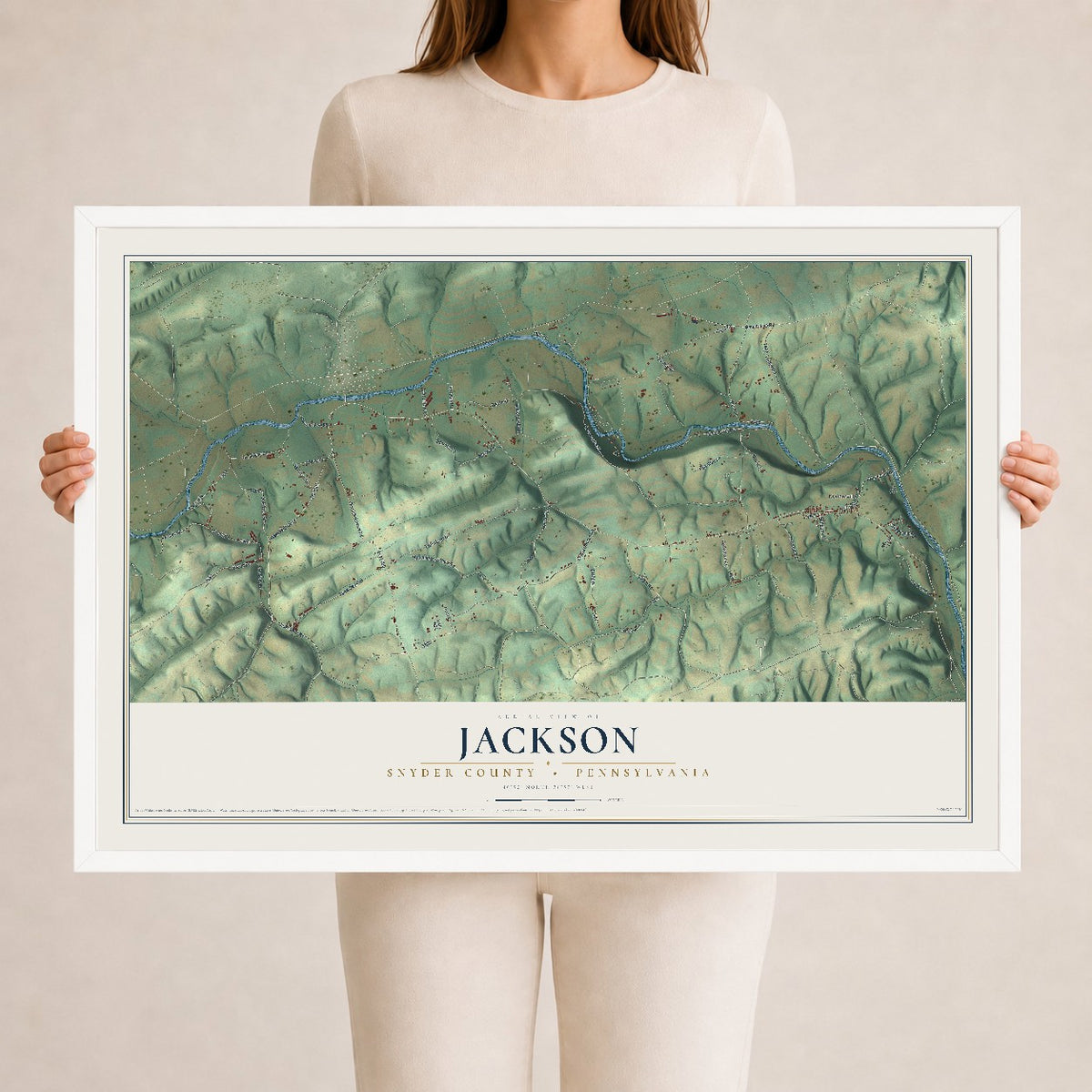Map of Jackson, Snyder County, Pennsylvania, 24 x 36 inch print in a white wood frame