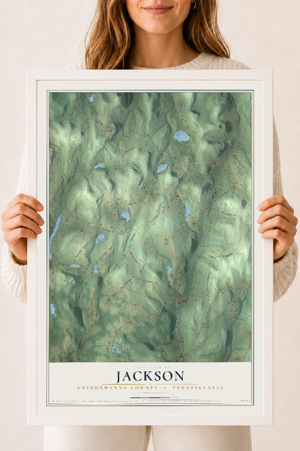 Map of Jackson, Susquehanna County, Pennsylvania, 18 x 24 inch print in a white wood frame