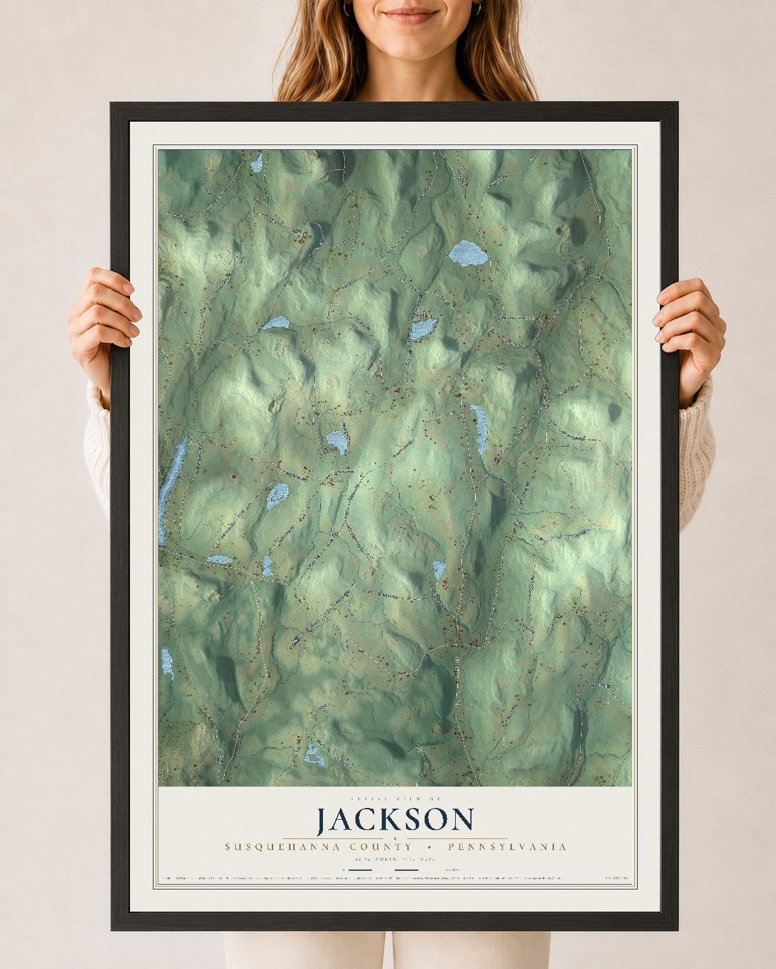 Map of Jackson, Susquehanna County, Pennsylvania, 24 x 36 inch print in a black wood frame