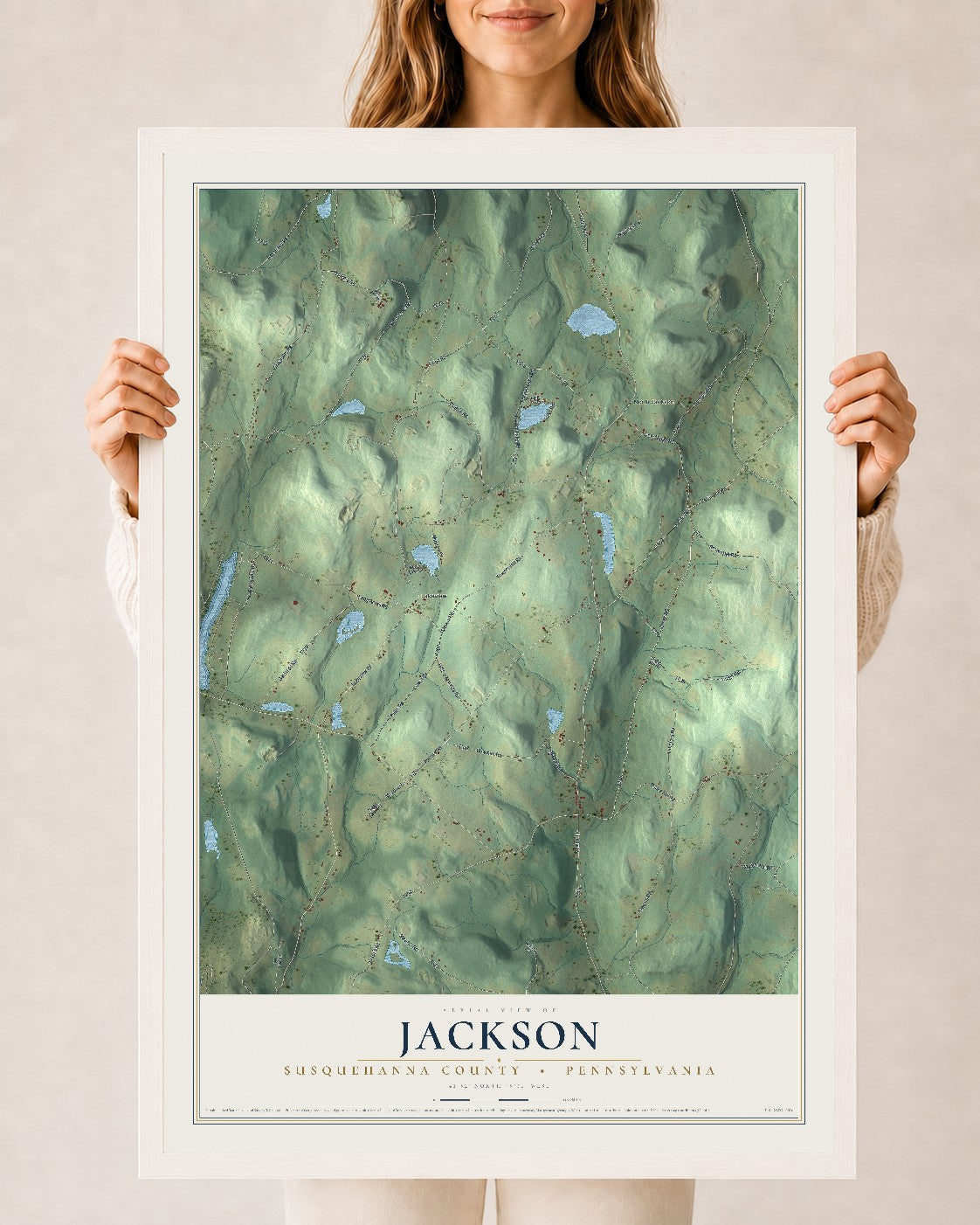Map of Jackson, Susquehanna County, Pennsylvania, 24 x 36 inch print in a white wood frame