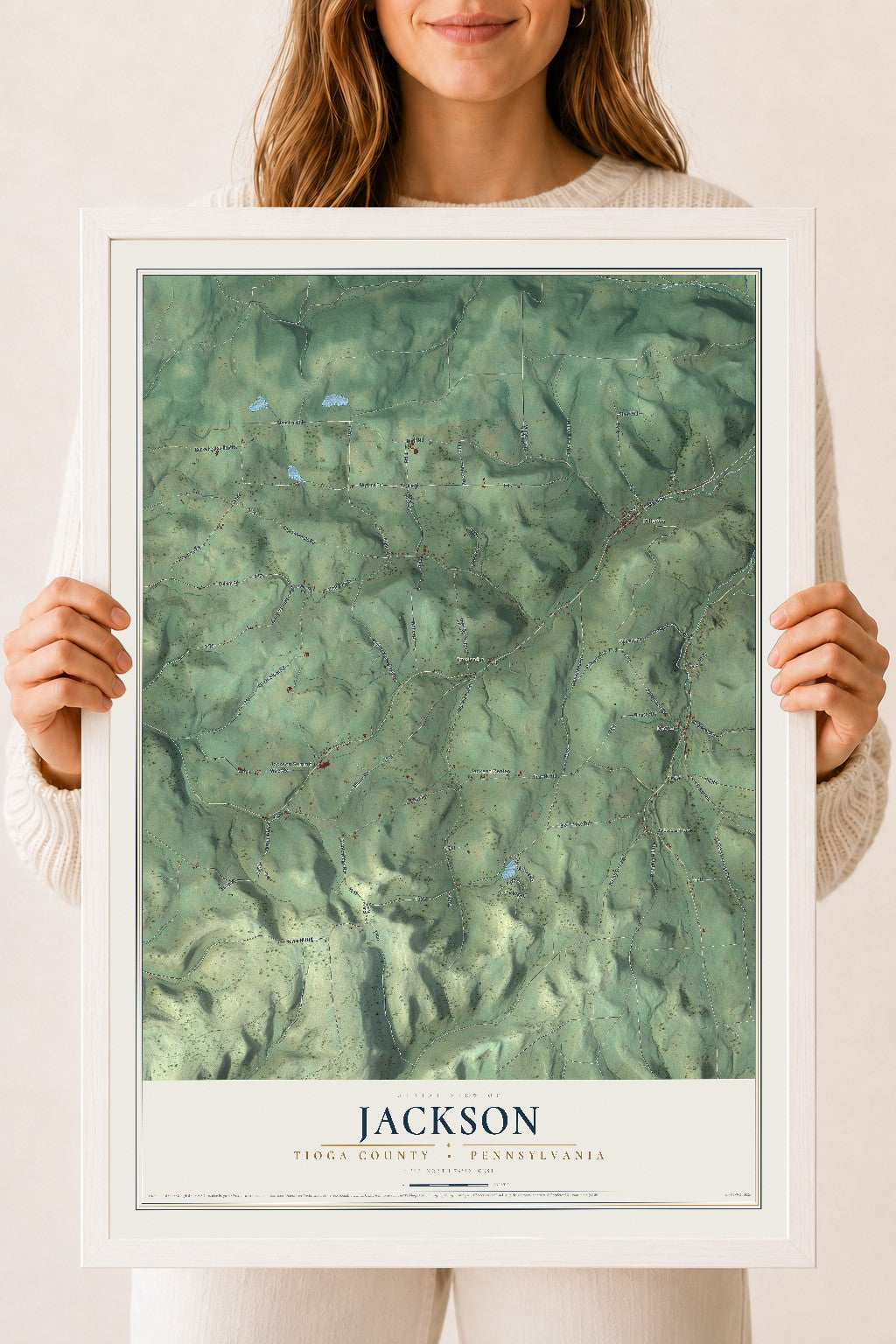Map of Jackson, Tioga County, Pennsylvania, 18 x 24 inch print in a white wood frame