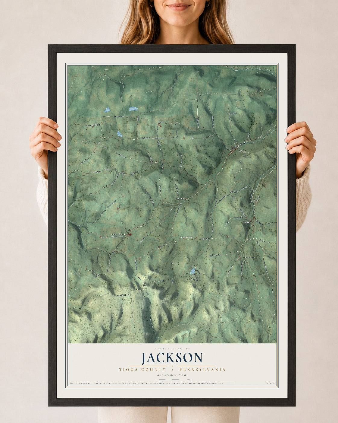 Map of Jackson, Tioga County, Pennsylvania, 24 x 36 inch print in a black wood frame