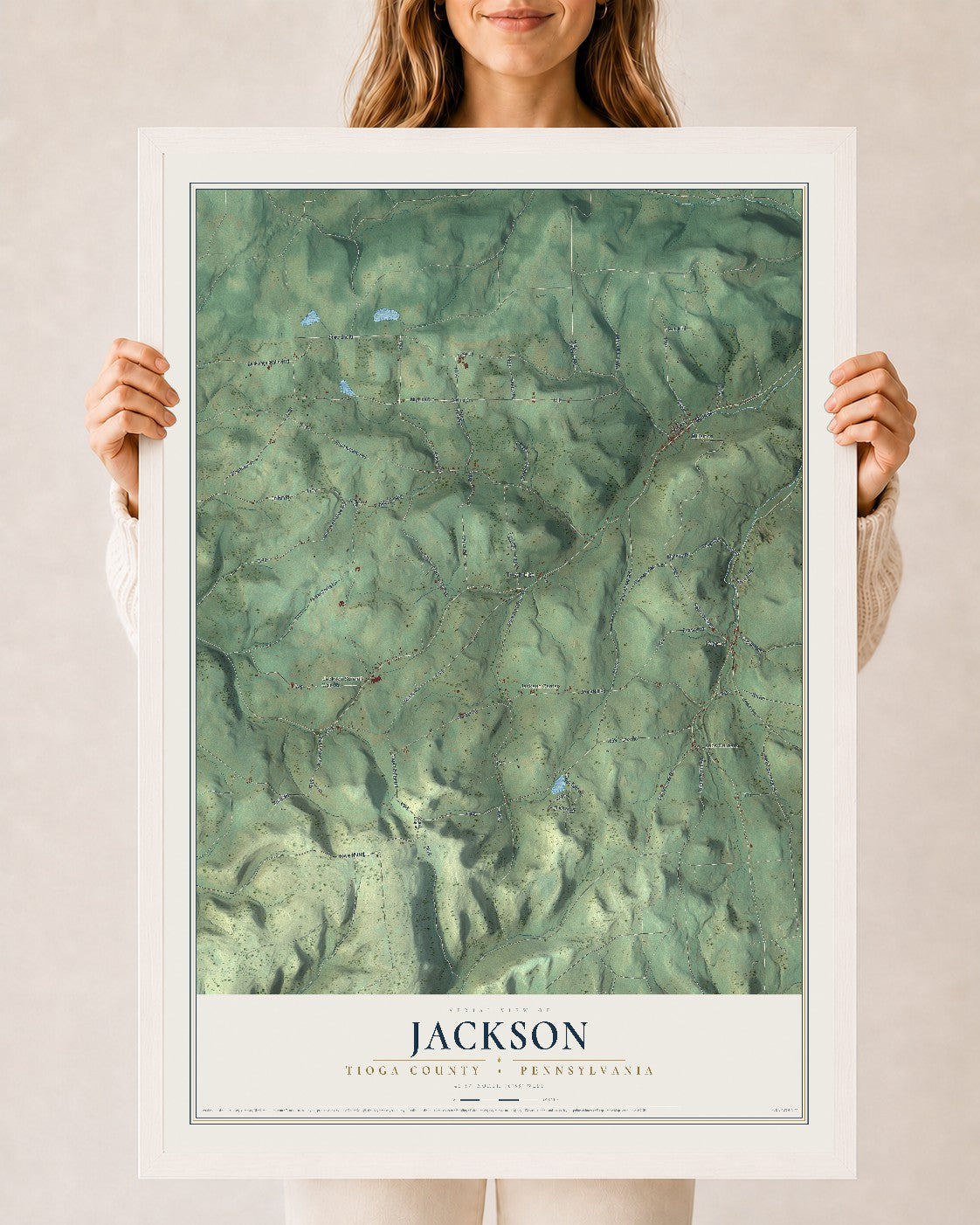 Map of Jackson, Tioga County, Pennsylvania, 24 x 36 inch print in a white wood frame