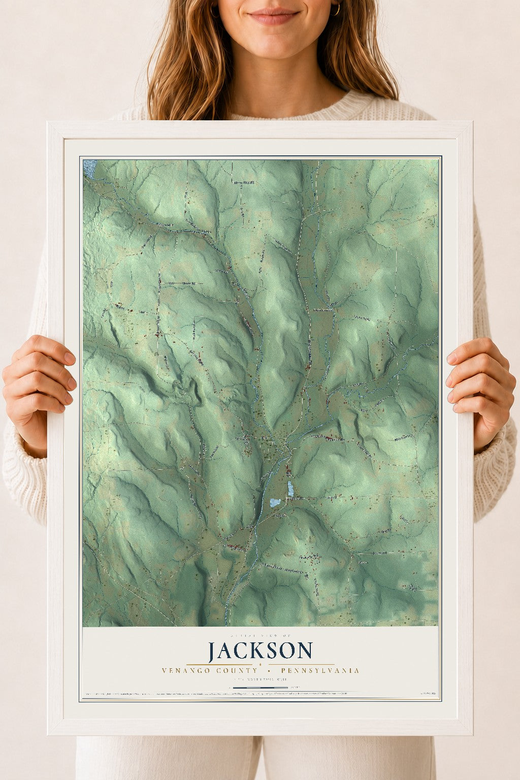 Map of Jackson, Venango County, Pennsylvania, 18 x 24 inch print in a white wood frame