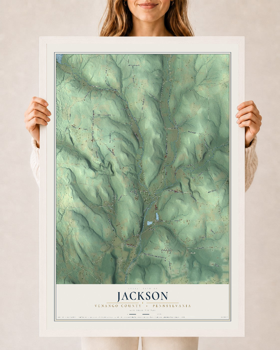 Map of Jackson, Venango County, Pennsylvania, 24 x 36 inch print in a white wood frame