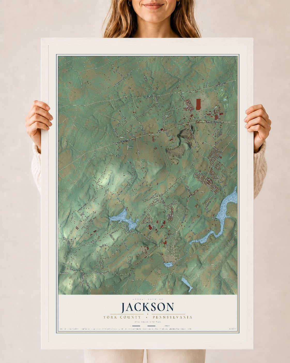 Map of Jackson, York County, Pennsylvania, 24 x 36 inch print in a white wood frame