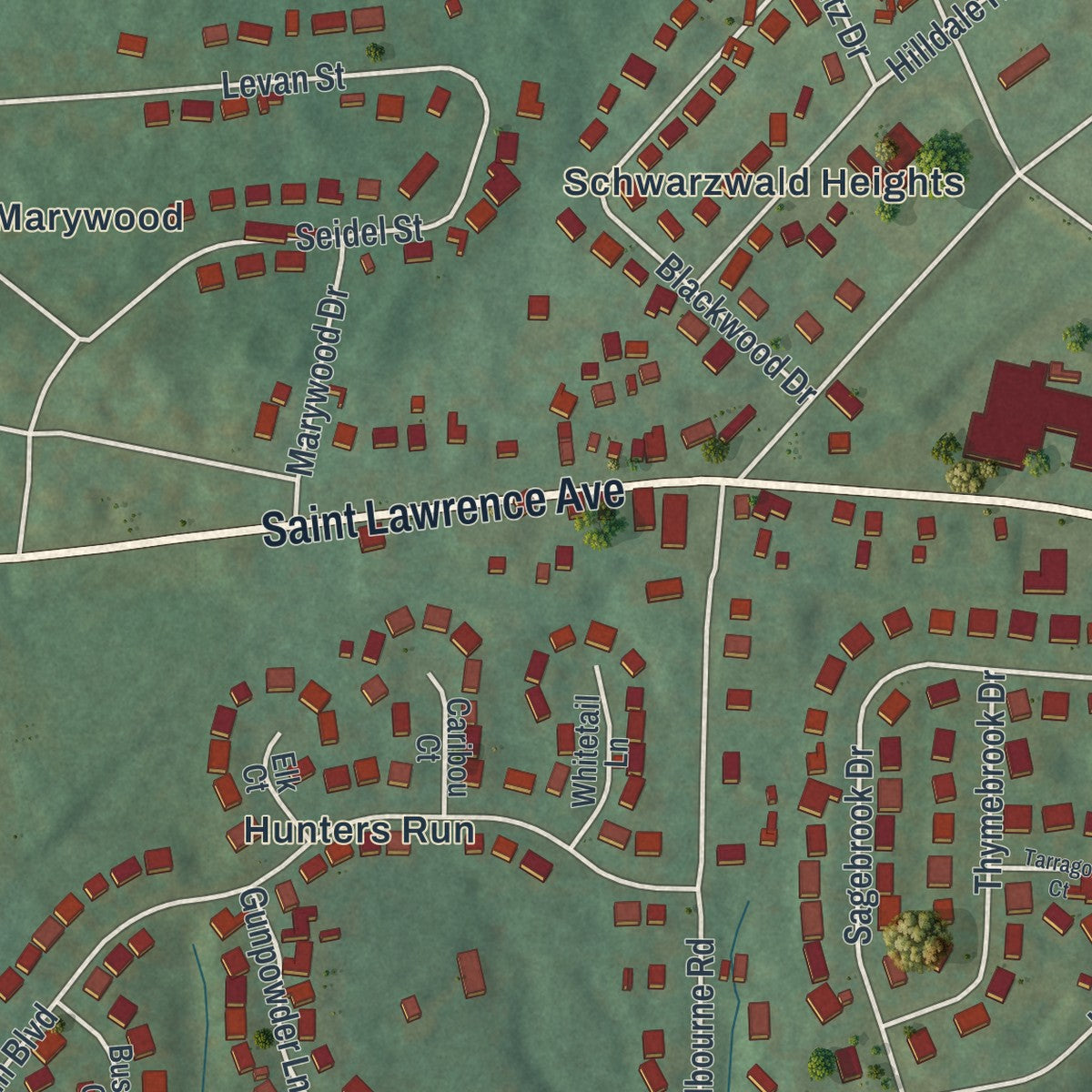 Close-up of the map of Jacksonwald, Pennsylvania print showing street and building detail