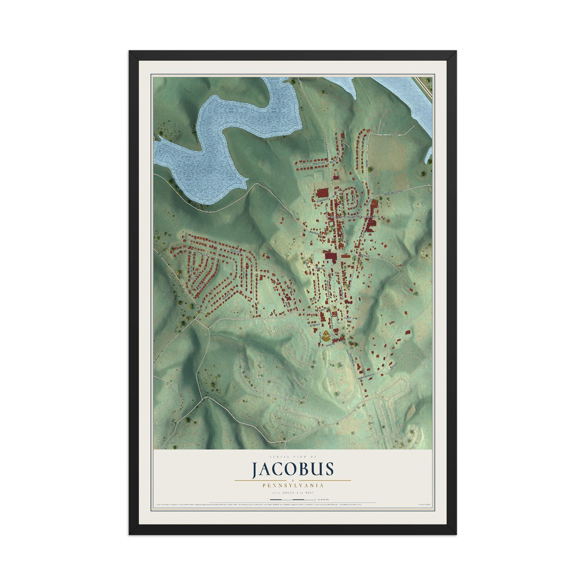 Map of Jacobus, Pennsylvania, 12 x 18 inch print in a black wood frame