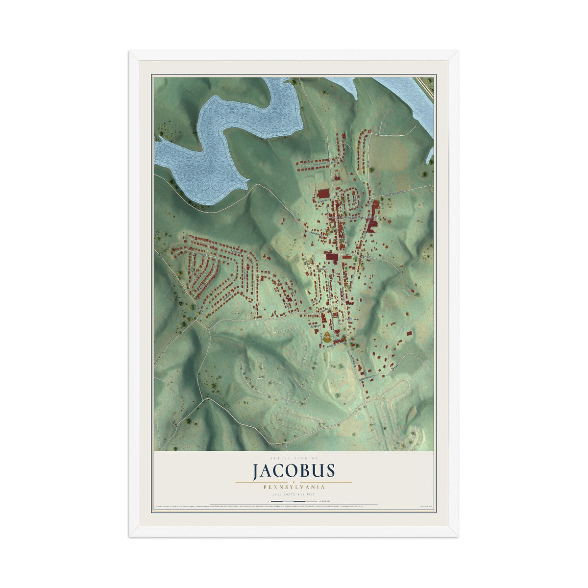 Map of Jacobus, Pennsylvania, 12 x 18 inch print in a white wood frame