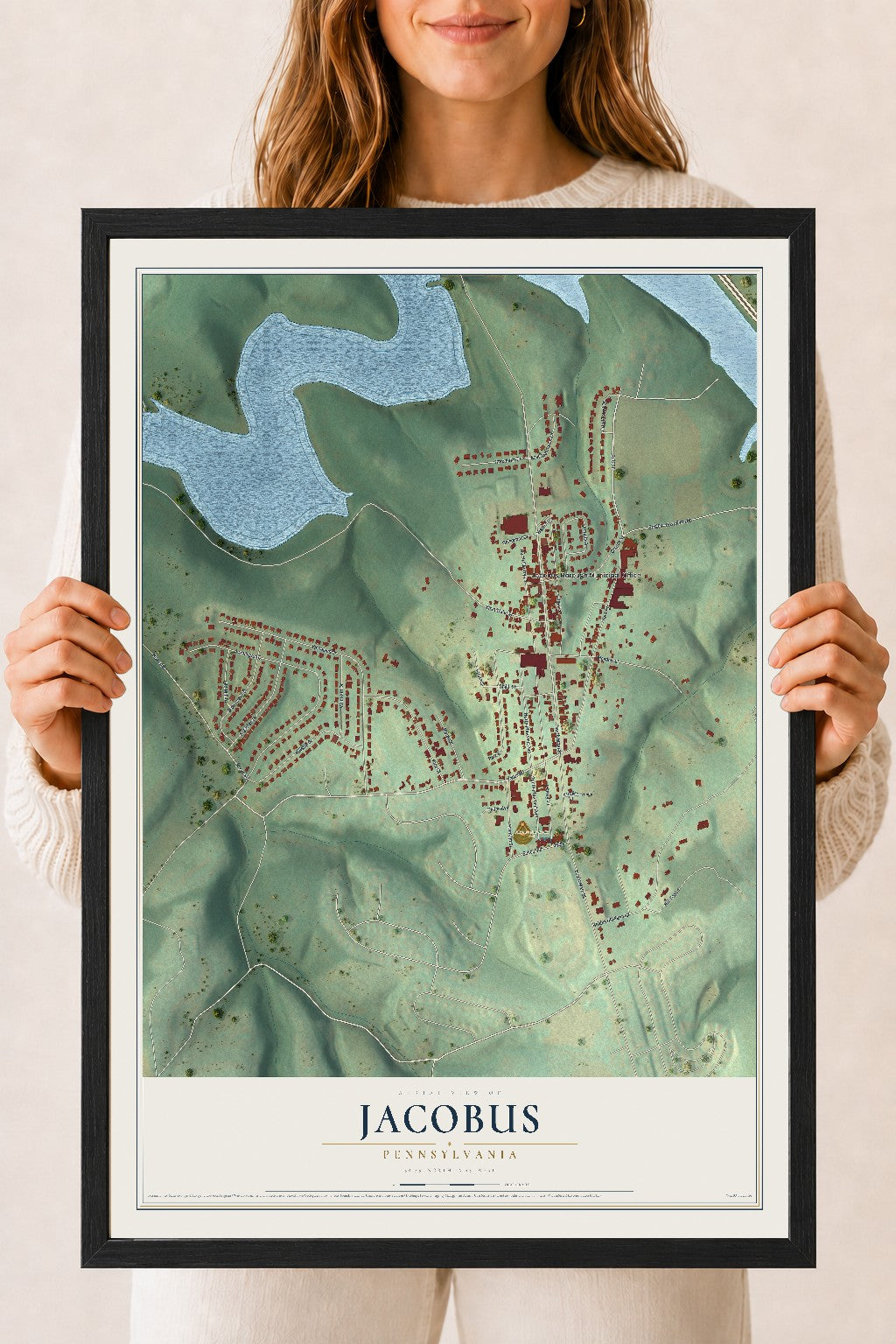 Map of Jacobus, Pennsylvania, 18 x 24 inch print in a black wood frame