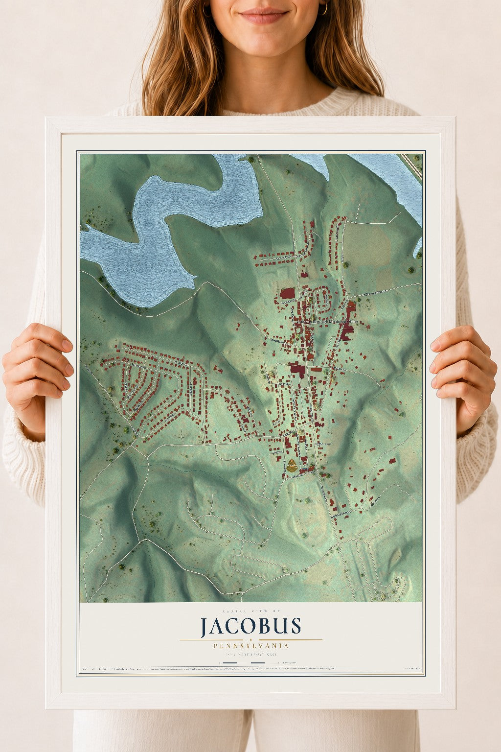 Map of Jacobus, Pennsylvania, 18 x 24 inch print in a white wood frame
