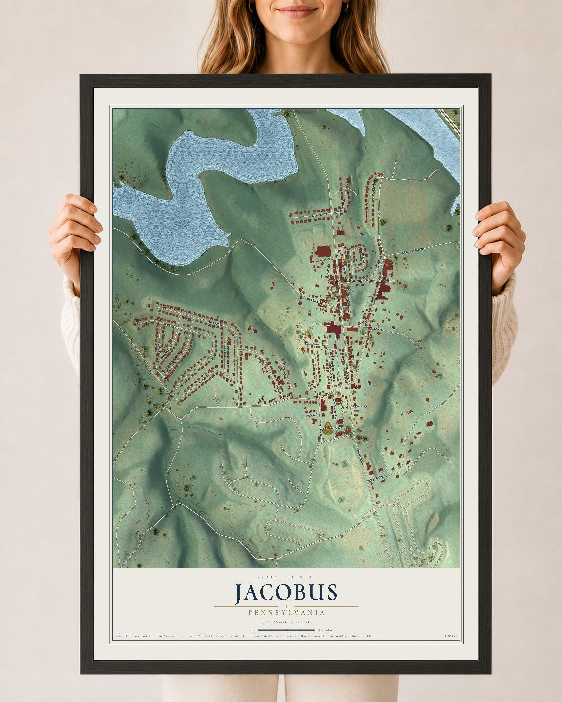 Map of Jacobus, Pennsylvania, 24 x 36 inch print in a black wood frame