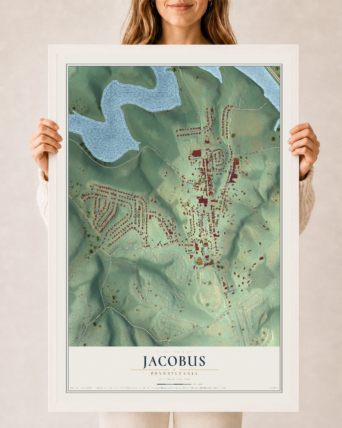 Map of Jacobus, Pennsylvania, 24 x 36 inch print in a white wood frame
