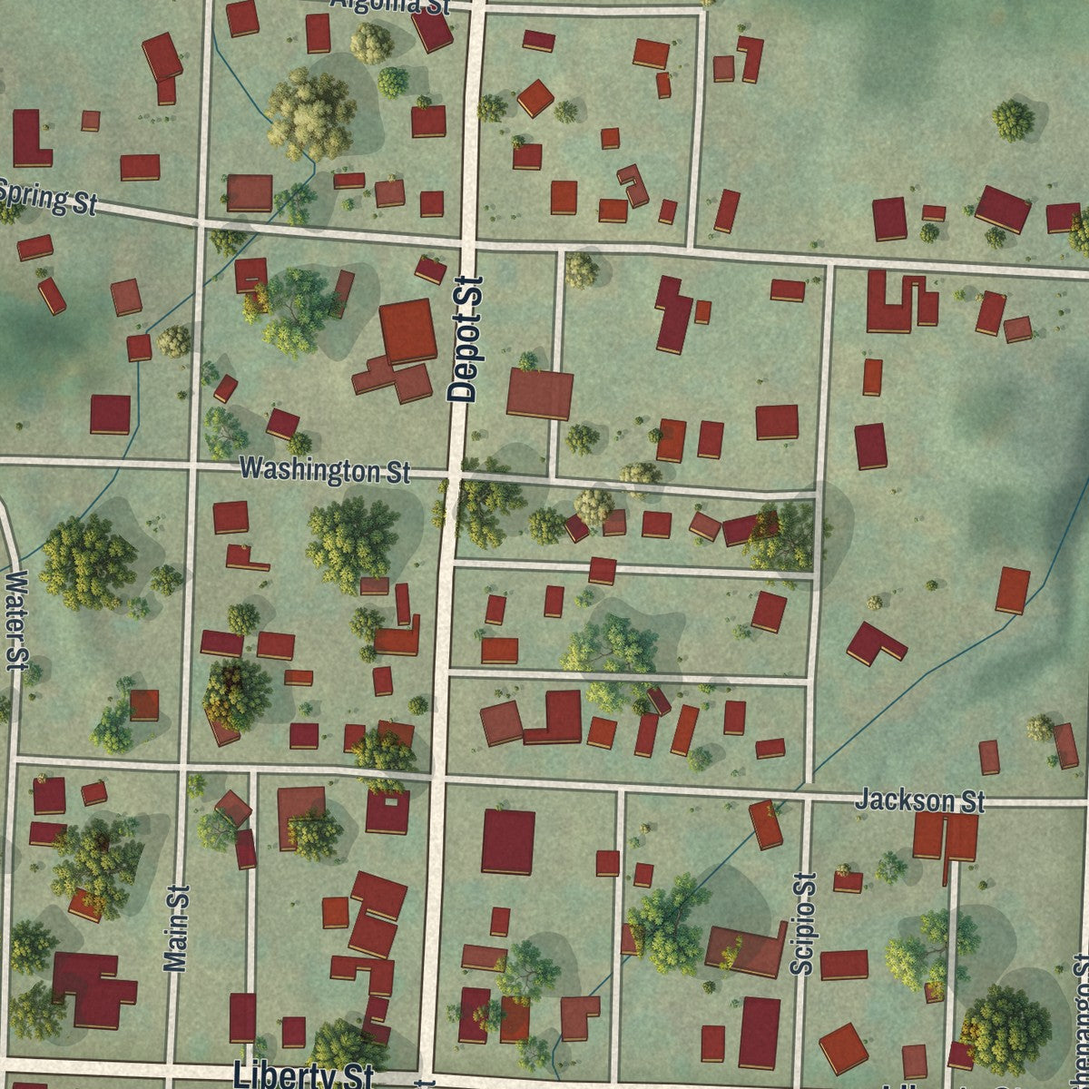 Close-up of the map of Jamestown, Pennsylvania print showing street and building detail