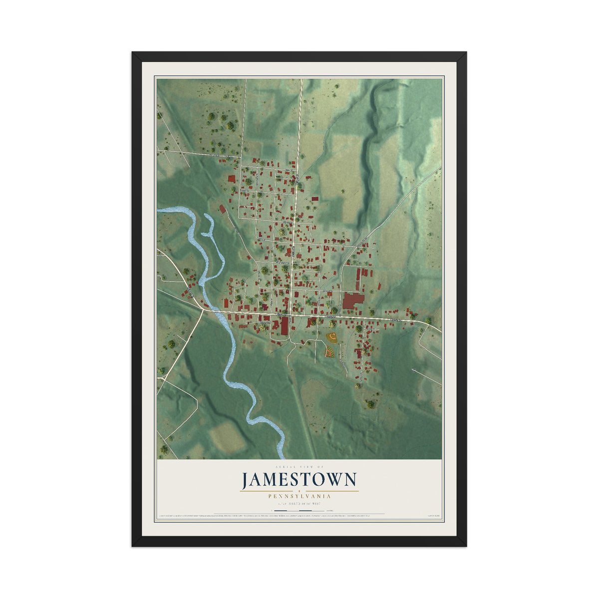 Map of Jamestown, Pennsylvania, 12 x 18 inch print in a black wood frame