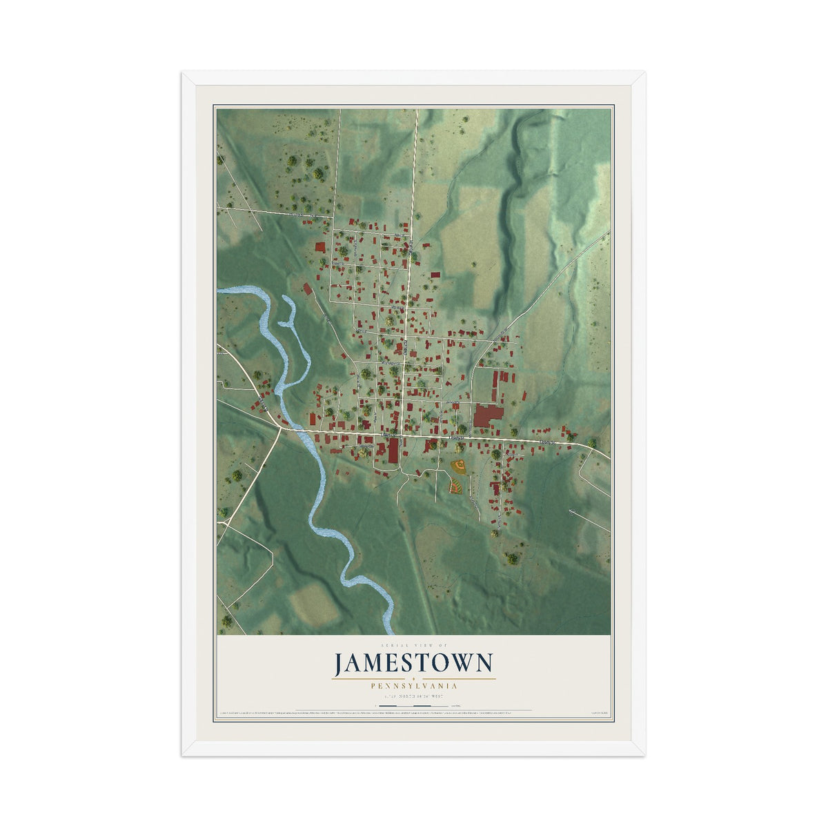 Map of Jamestown, Pennsylvania, 12 x 18 inch print in a white wood frame