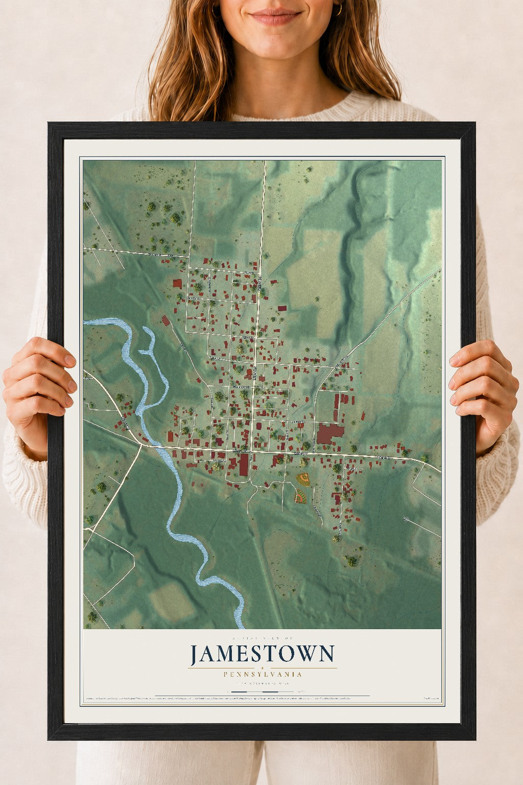 Map of Jamestown, Pennsylvania, 18 x 24 inch print in a black wood frame