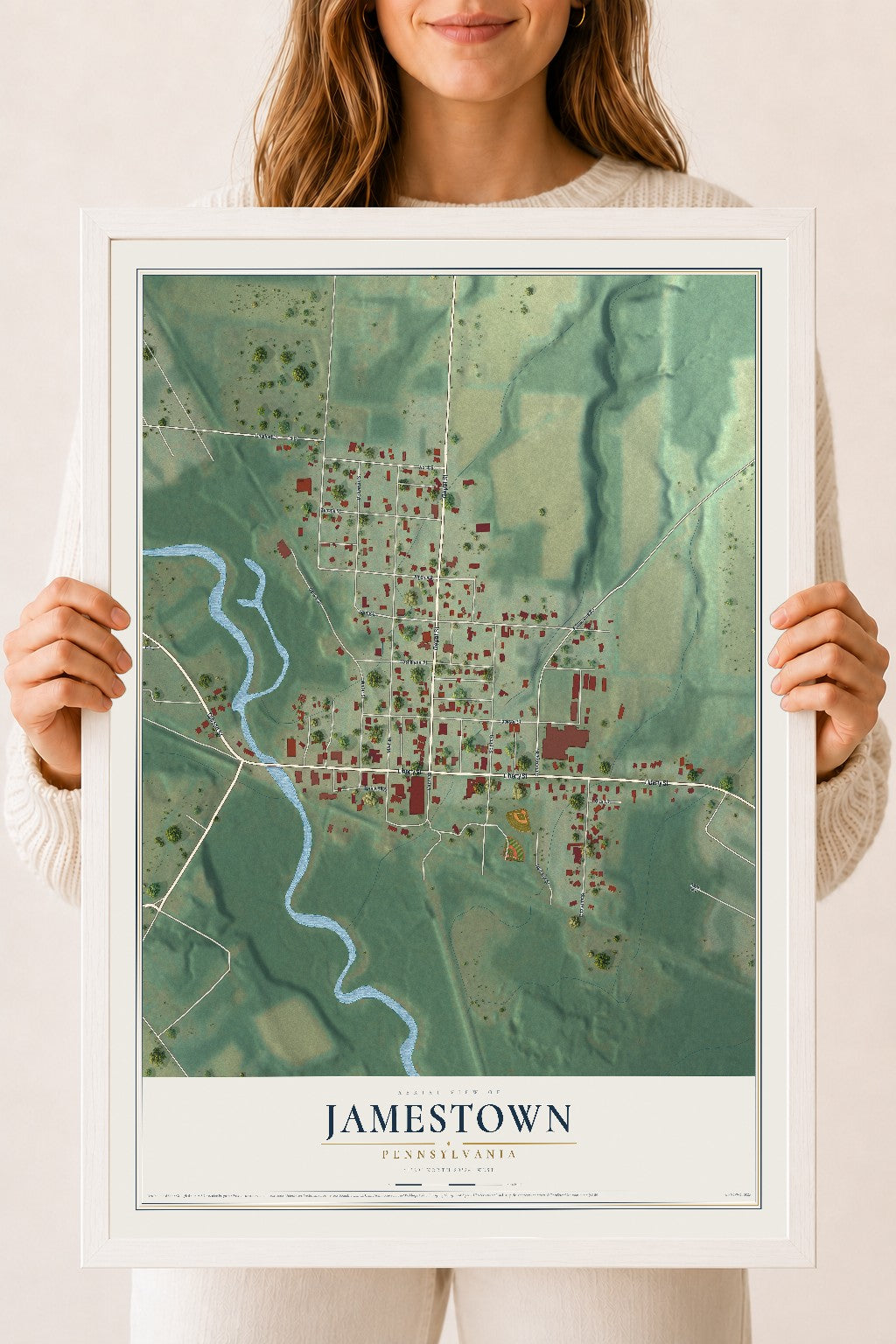 Map of Jamestown, Pennsylvania, 18 x 24 inch print in a white wood frame