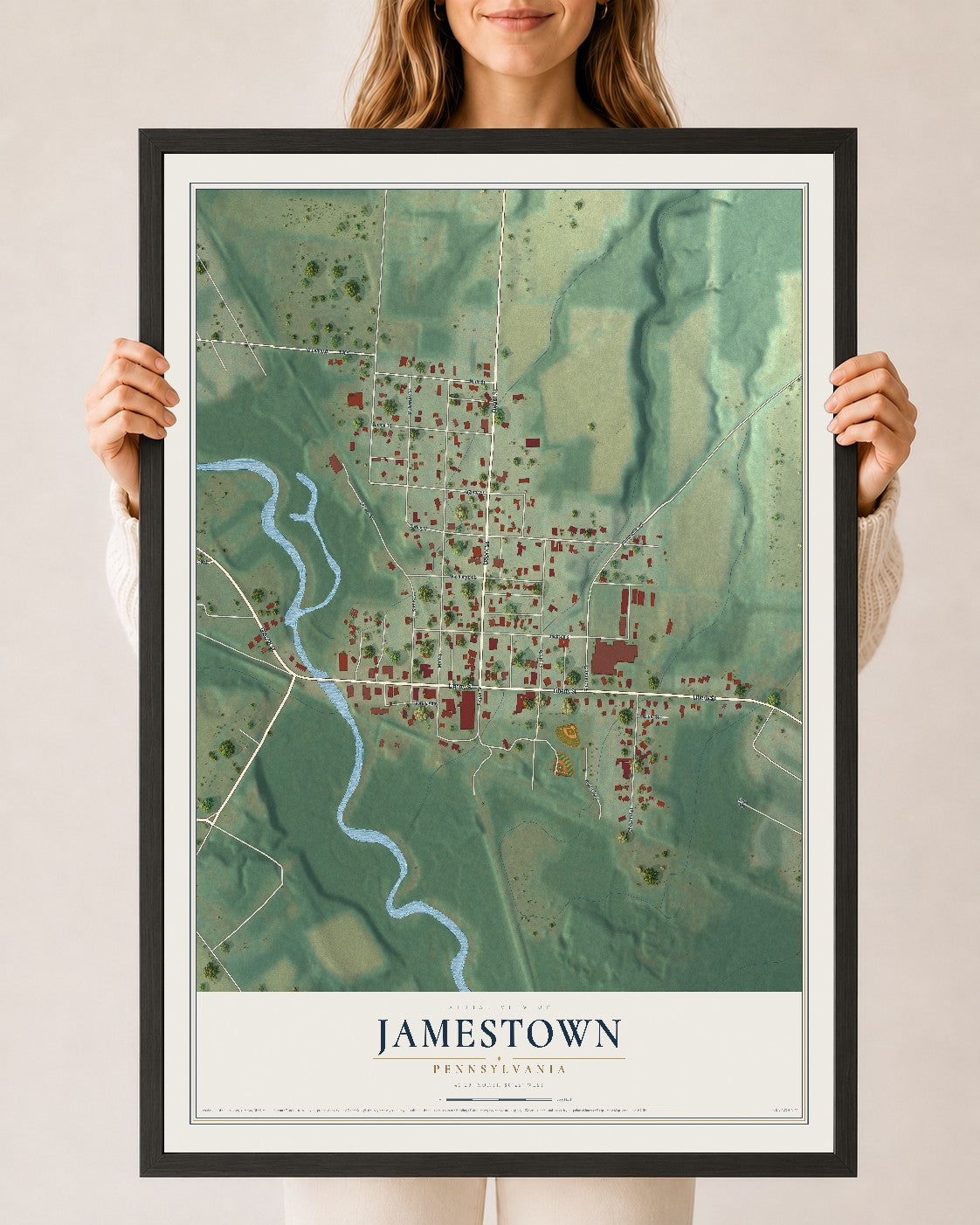 Map of Jamestown, Pennsylvania, 24 x 36 inch print in a black wood frame