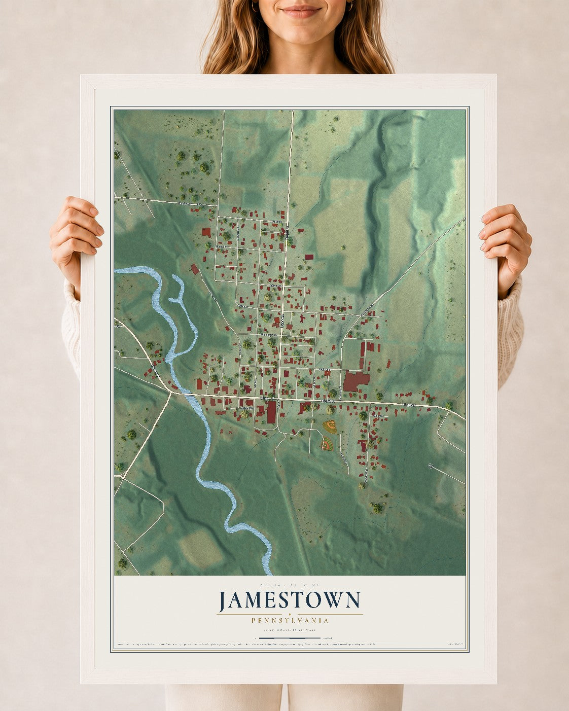Map of Jamestown, Pennsylvania, 24 x 36 inch print in a white wood frame