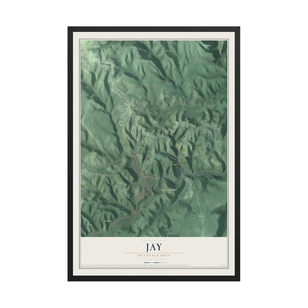 Map of Jay, Pennsylvania, 12 x 18 inch print in a black wood frame