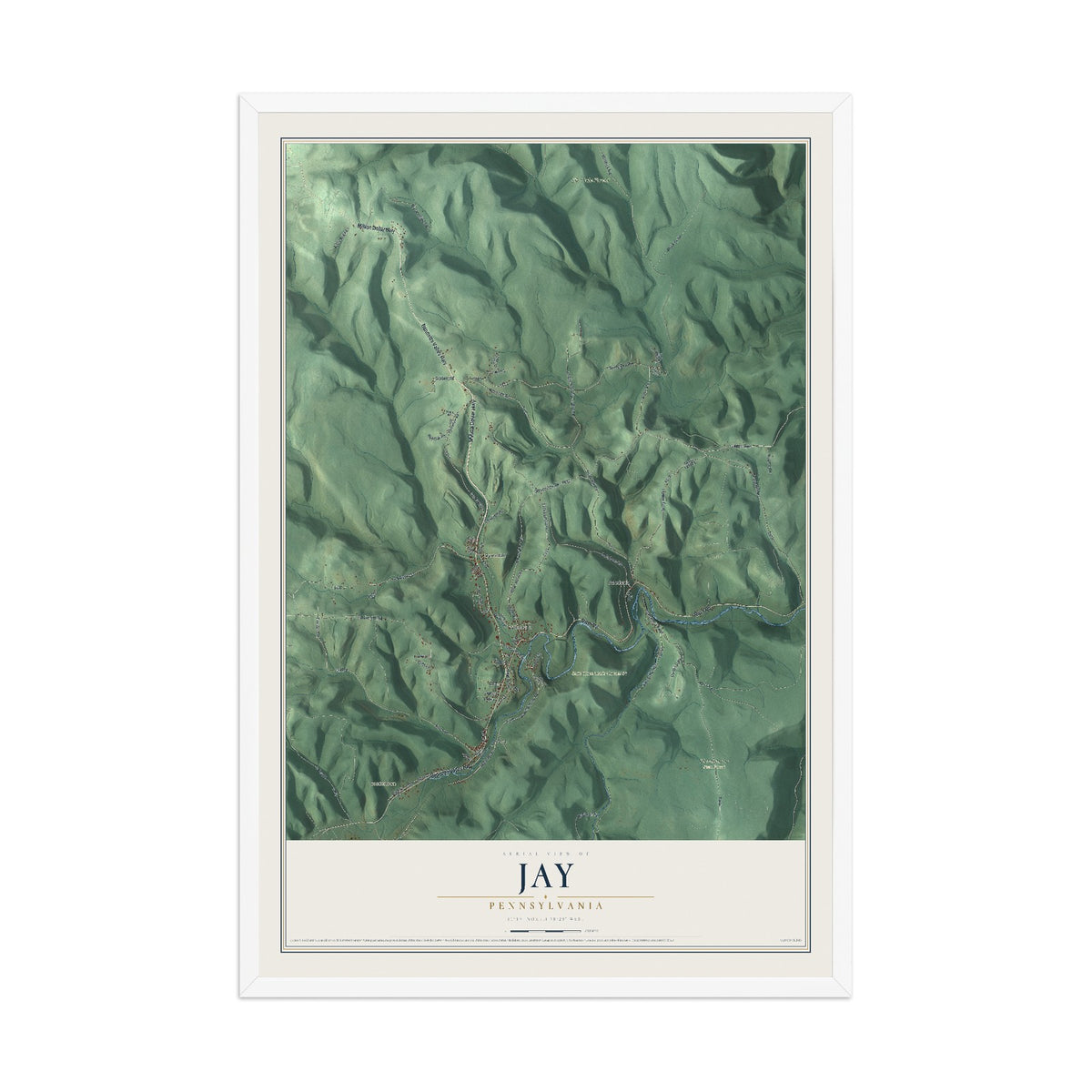 Map of Jay, Pennsylvania, 12 x 18 inch print in a white wood frame