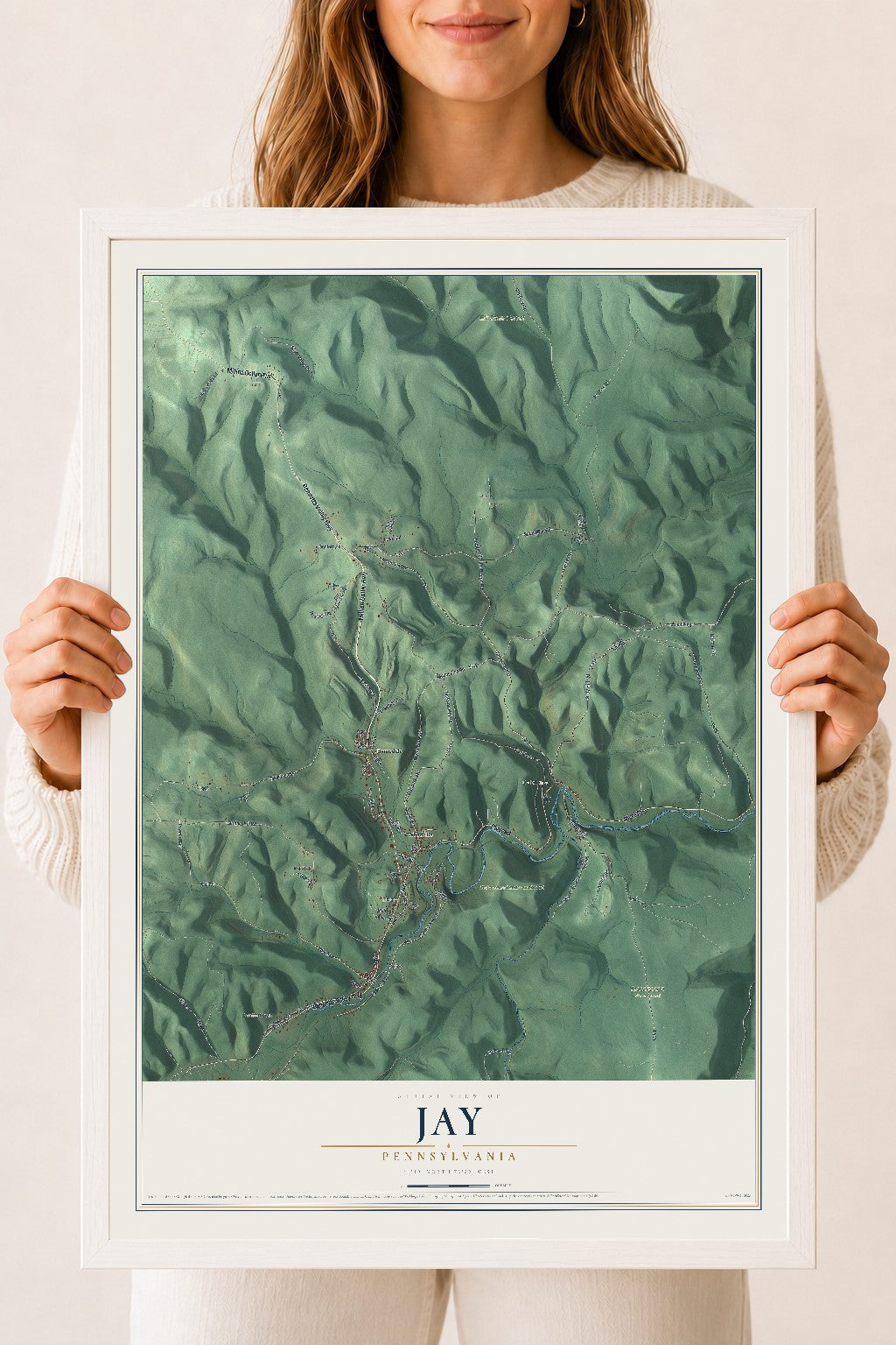 Map of Jay, Pennsylvania, 18 x 24 inch print in a white wood frame