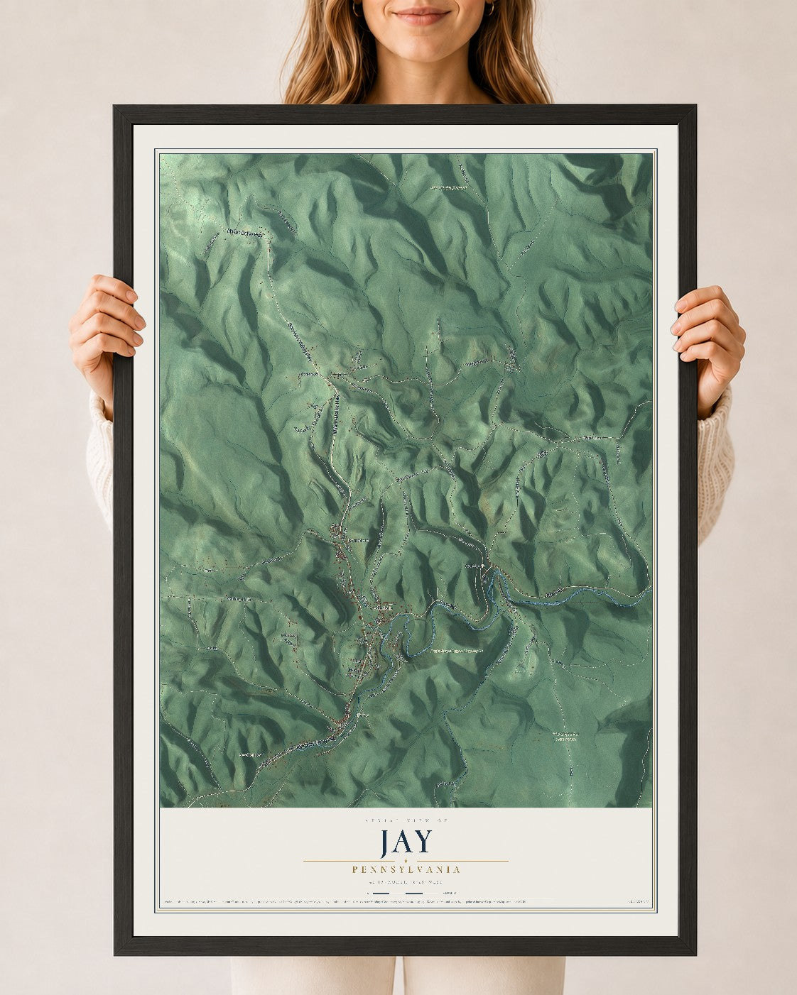 Map of Jay, Pennsylvania, 24 x 36 inch print in a black wood frame