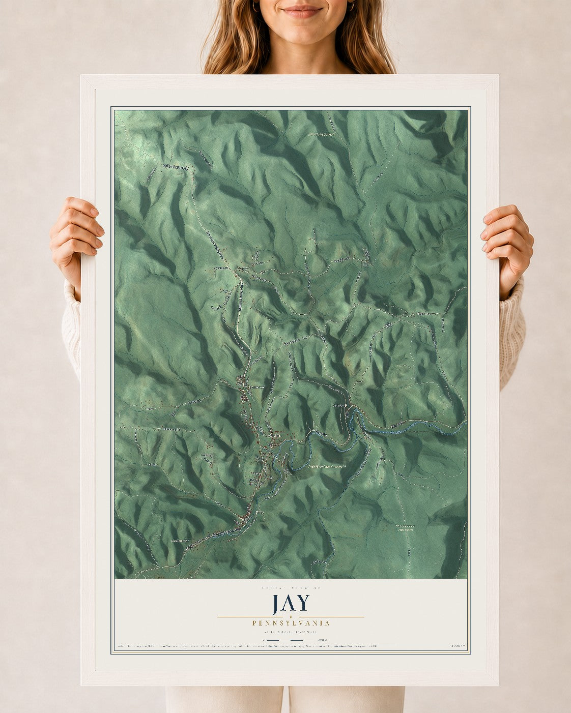 Map of Jay, Pennsylvania, 24 x 36 inch print in a white wood frame