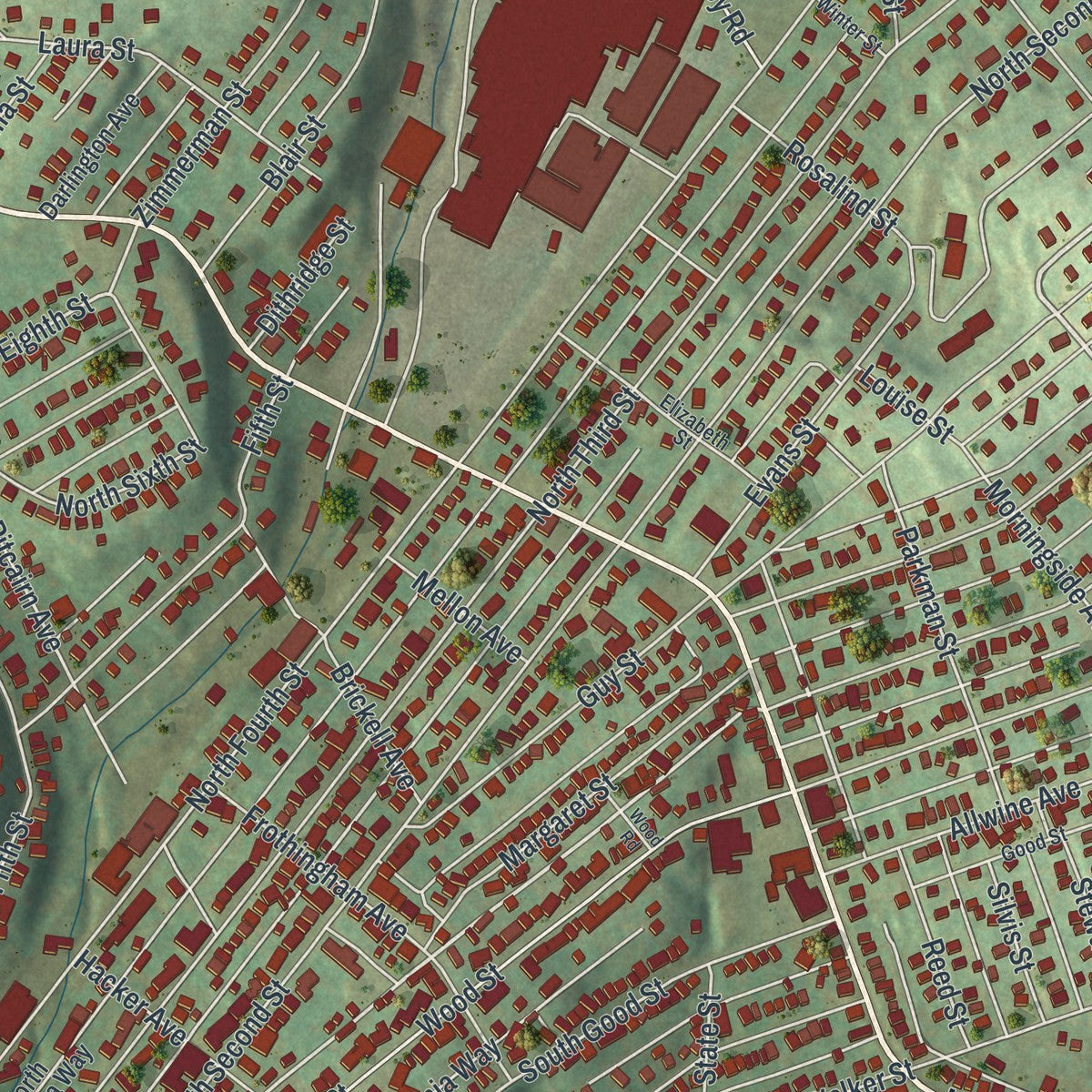 Close-up of the map of Jeannette, Pennsylvania print showing street and building detail
