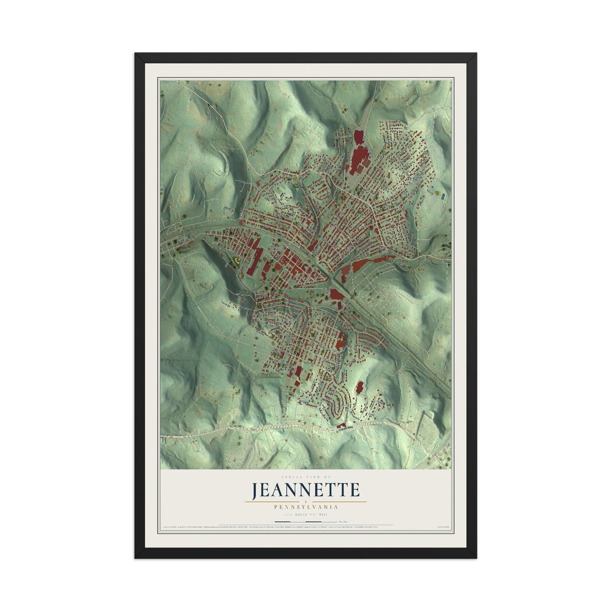Map of Jeannette, Pennsylvania, 12 x 18 inch print in a black wood frame