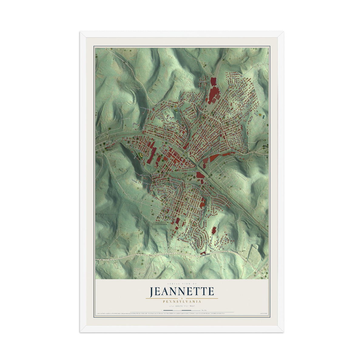 Map of Jeannette, Pennsylvania, 12 x 18 inch print in a white wood frame
