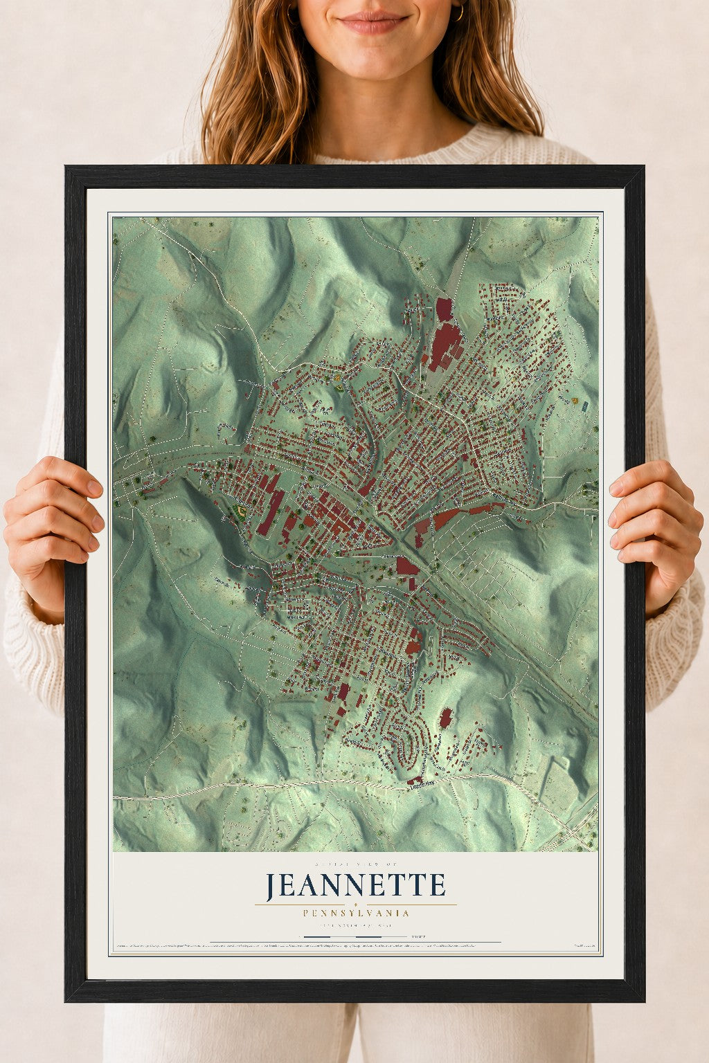 Map of Jeannette, Pennsylvania, 18 x 24 inch print in a black wood frame