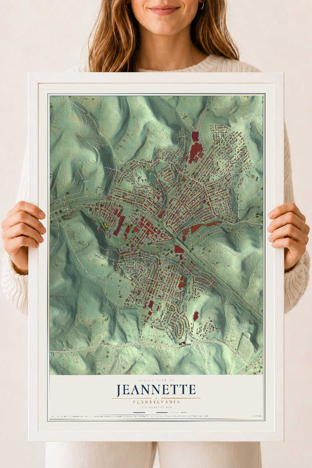 Map of Jeannette, Pennsylvania, 18 x 24 inch print in a white wood frame