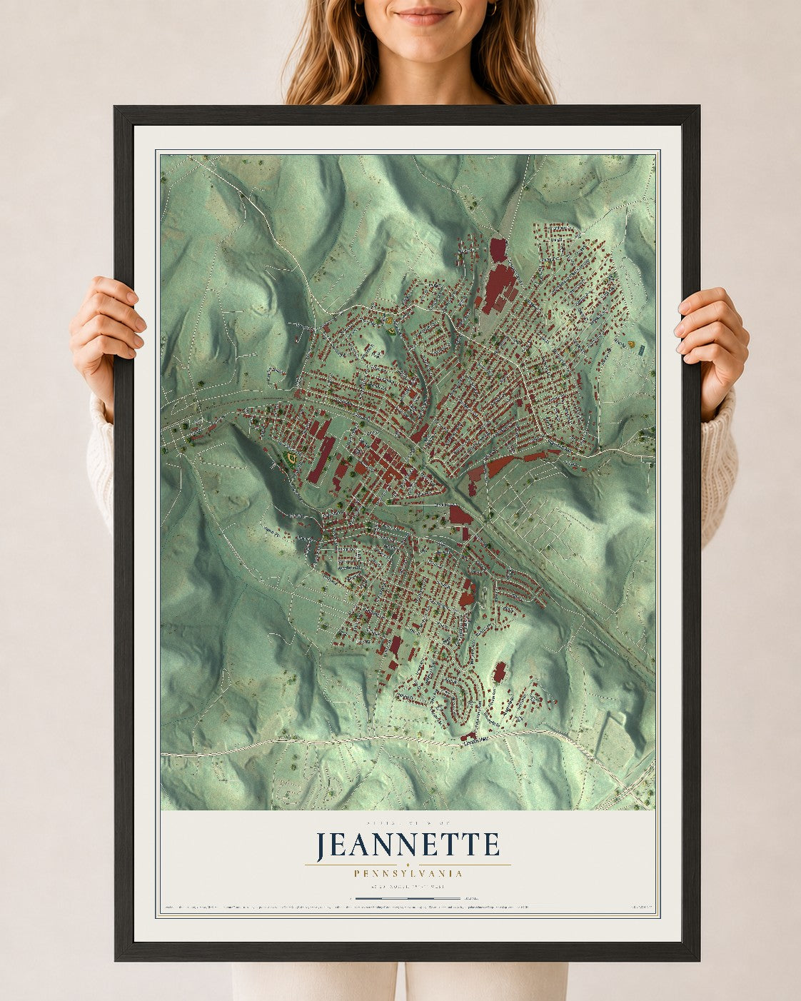 Map of Jeannette, Pennsylvania, 24 x 36 inch print in a black wood frame