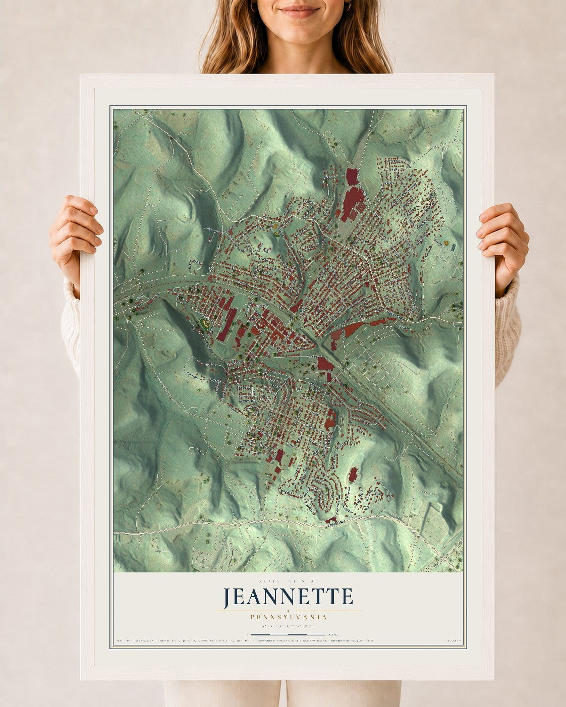 Map of Jeannette, Pennsylvania, 24 x 36 inch print in a white wood frame