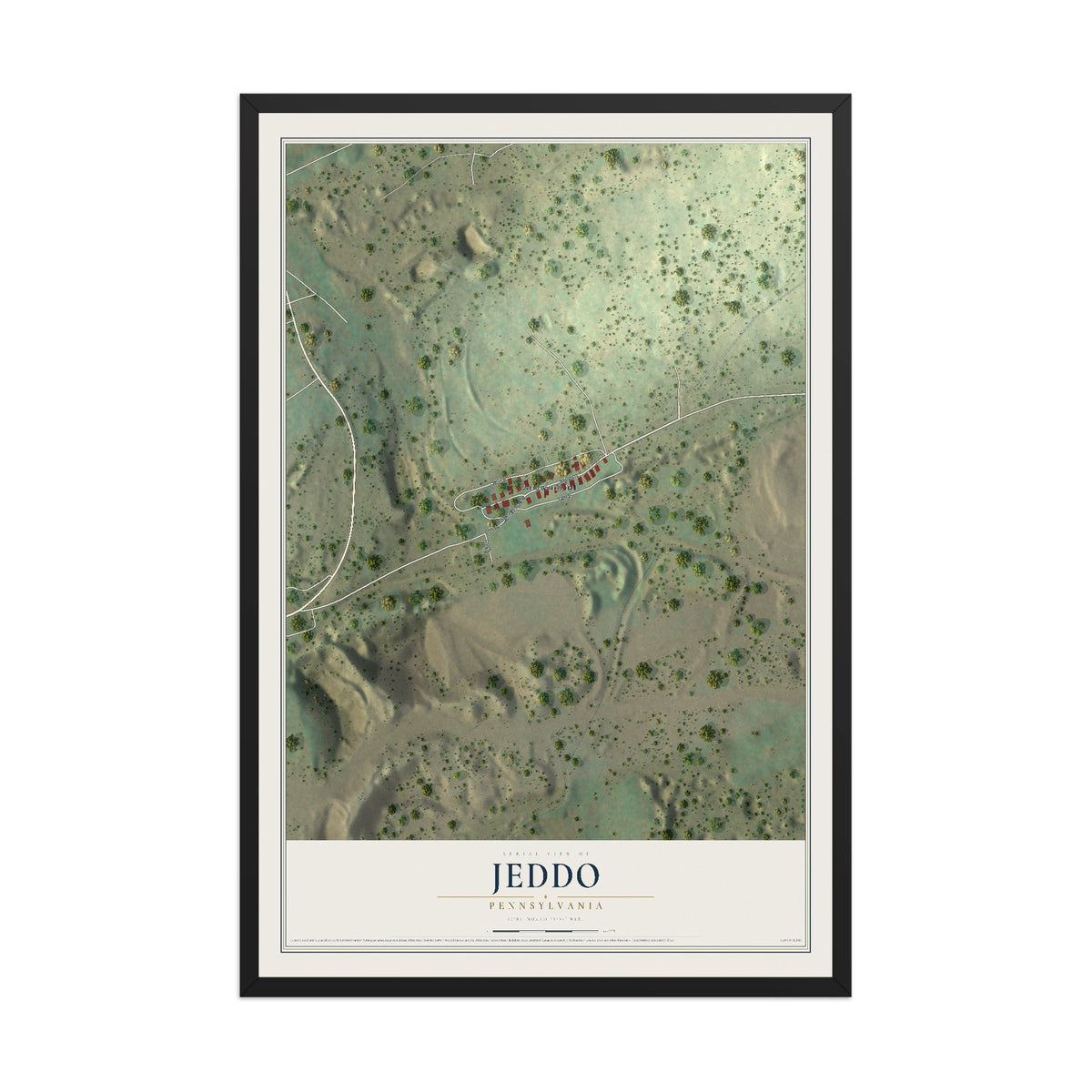 Map of Jeddo, Pennsylvania, 12 x 18 inch print in a black wood frame