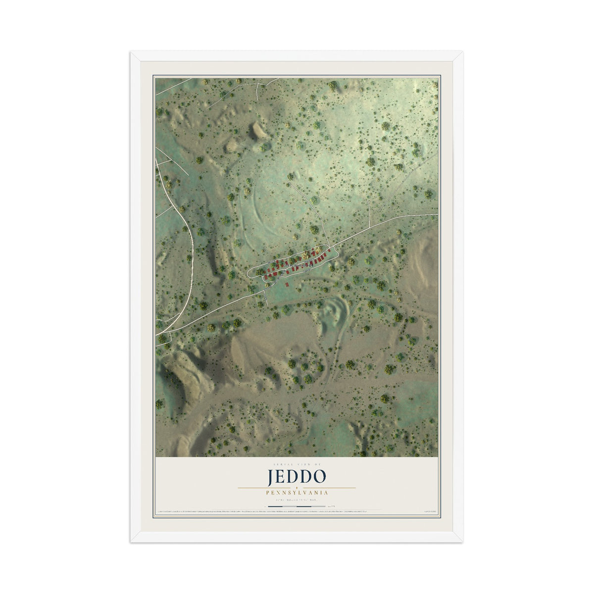 Map of Jeddo, Pennsylvania, 12 x 18 inch print in a white wood frame