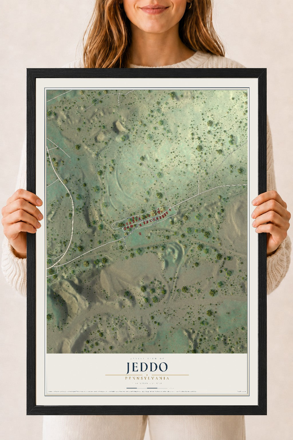 Map of Jeddo, Pennsylvania, 18 x 24 inch print in a black wood frame